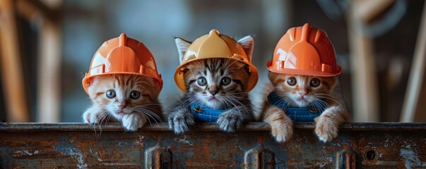 Three cute kittens dressed as construction workers with hard hats and overalls
