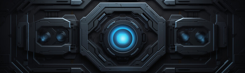 Futuristic blue circular portal in high-tech room for sci-fi banner - obrazy, fototapety, plakaty