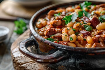Hearty Bean Stew with Meat and Parsley on Wooden Surface