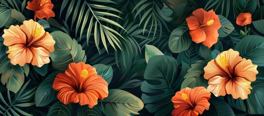 Vector illustration of exotic flowers and leaves, tropical floral pattern with botanical foliage background for design elements