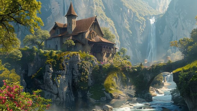 concept art of a fantasy medieval house on a cliff, with a rope bridge across the bottom and a river in front.