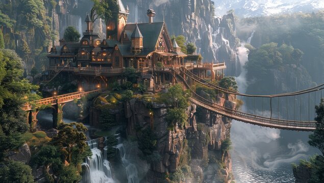 Fototapeta concept art of a fantasy medieval house on a cliff, with a rope bridge across the bottom and a river in front.