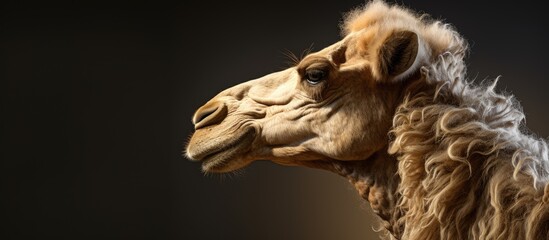 A close up of a camels snout on a dark background, showcasing the unique features of this terrestrial animal of the camelid family. An artistic portrayal of wildlife captured in this livestock event