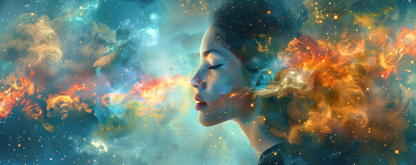 Fototapeta na wymiar A creative portrait of a woman's profile blending into a vivid cosmic nebula, symbolizing imagination and dreams. 