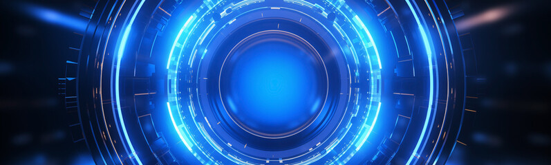 Futuristic sci-fi tunnel with neon blue lights for sleek banner design - obrazy, fototapety, plakaty