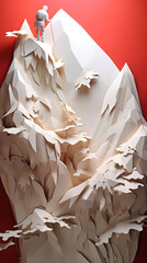 Paperstyle origami climber ona mountain, climbing a mountain paperstyle, paperstyle climber