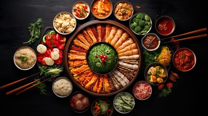 Obraz na płótnie Canvas Asian food background with various ingredients on rustic stone background, top view. Vietnam or Thai cuisine
