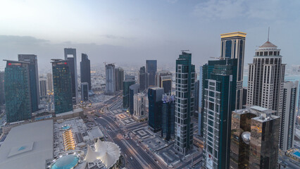 The skyline of the West Bay area from top in Doha day to night timelapse, Qatar.