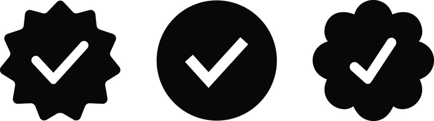 Verified black tick badge icon set isolated on transparent background. Social media official account tick symbol collection. Abstract Modern Verification vector for Instagram, Facebook, Twitter or app - obrazy, fototapety, plakaty