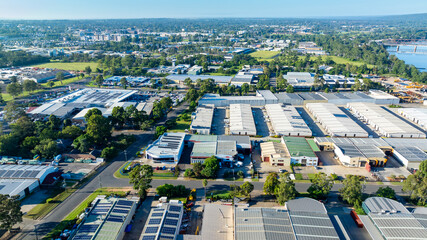 Drone aerial photograph of industrial buildings and surroundings in the Nepean Business Park in the greater Sydney suburb of Penrith in New South Wales in Australia - obrazy, fototapety, plakaty
