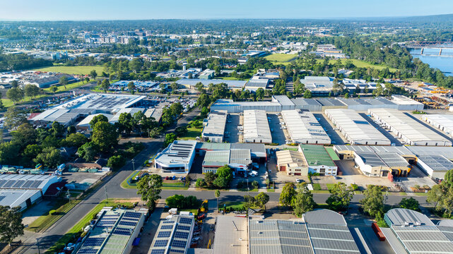 Drone aerial photograph of industrial buildings and surroundings in the Nepean Business Park in the greater Sydney suburb of Penrith in New South Wales in Australia