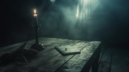 Eerie Candlelit Table with Ouija Board and Mysterious Smoke, Haunted Atmosphere - obrazy, fototapety, plakaty