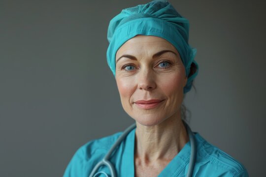 Compassionate oncology nurse in vibrant turquoise scrubs against a simple background
