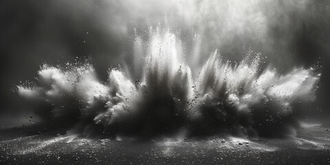 Black and white explosion of sand particles, dust in the air, dramatic lighting, background