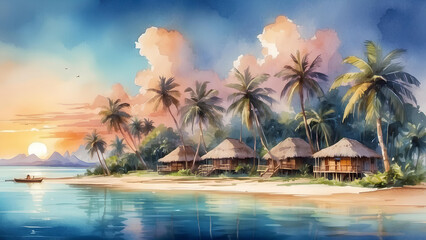 Fototapeta na wymiar Beautiful exotic island with bungalows at sunset. Tropical paradise landscape. Summer travel and vacation.Watercolor illustration