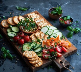 Gourmet Cracker and Cheese Board, array of crackers, cheese, and fresh vegetables artfully arranged on a wooden board, providing a feast for the senses