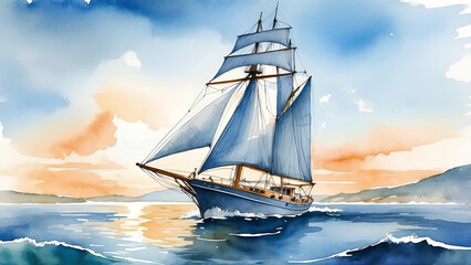 Sailing ship in the sea. Water travel. Watercolor illustration