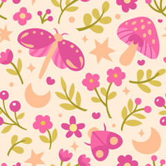 Seamless vector pattern with flowers, moths and butterflies. Cute hand drawn illustration. Modern folk repeat texture for fashion print, wallpaper or fabric.