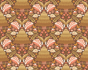 Cute seamless pattern with forest elements. Vector illustration with cartoon drawings for print, fabric, textile. - 756703261