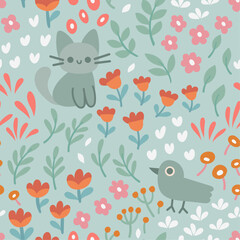 Cute seamless pattern with cute animals and floral elements. Vector illustration with cartoon drawings for print, fabric, textile. - 756703268
