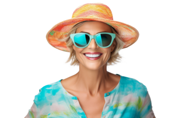 Portrait happy woman with summer holiday beach outfits isolated on transparent background for realax at beach on vacation, travel and holidays vacation concept.