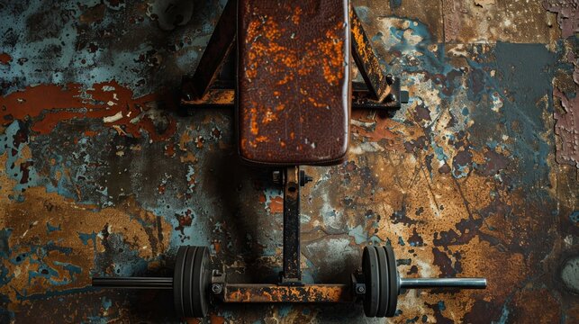 A rusted wall serves as a backdrop for a solitary barbell
