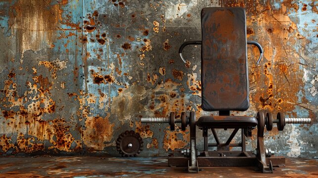 A barbell rests on a bench in front of a weathered and rusty wall