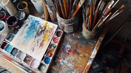 Painter's Workspace: A Painting on an Easel in an Art Studio - obrazy, fototapety, plakaty