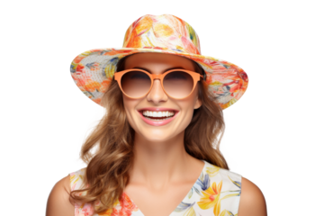 Portrait happy woman with summer holiday beach outfits isolated on transparent background for realax at beach on vacation, travel and holidays vacation concept.