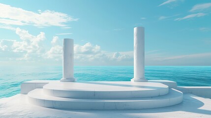 white stone sculpture podium ocean sky background