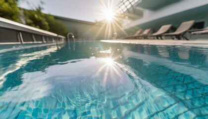  The electric blue sun is mirrored in the aqua liquid of a leisure centres swimming pool, creating...