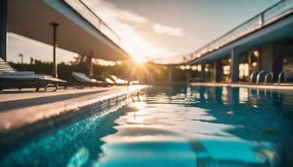  The electric blue sun is mirrored in the aqua liquid of a leisure centres swimming pool, creating a fun and relaxing atmosphere for recreation - obrazy, fototapety, plakaty