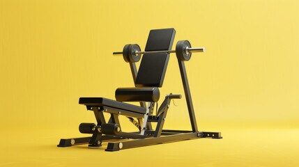 A weight machine stands in front of a bench against a vibrant yellow backdrop - obrazy, fototapety, plakaty