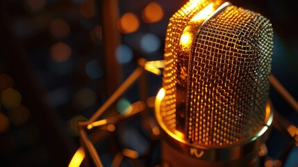 Golden Studio Microphone, Close-up view of a condenser microphone with a golden finish, positioned in a recording studio setting with soft bokeh lights in the background - obrazy, fototapety, plakaty