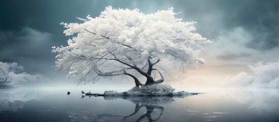 A tree covered in snow stands majestically on a small island in the center of a frozen lake, surrounded by a serene natural landscape under a cloudy sky