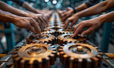 A group of hands working together to label gears on an assembly line, symbolizing collaboration and forward movement in business growth - obrazy, fototapety, plakaty