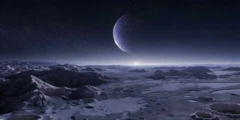 A cosmic landscape in deep space featuring an extraterrestrial planet with multiple moons. Concept Space Art, Alien Planet, Cosmic Landscape, Moons, Extraterrestrial Environment