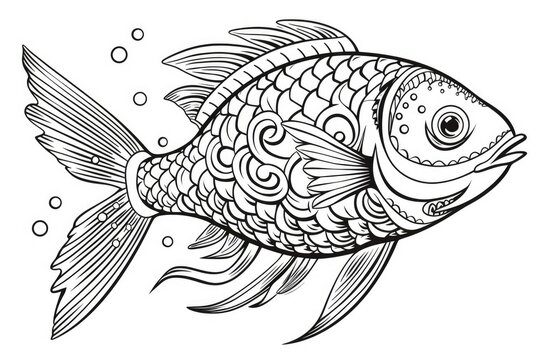 Black and white illustration for coloring animals, fish