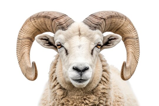 Portrait of a majestic ram with large horns isolated on white background