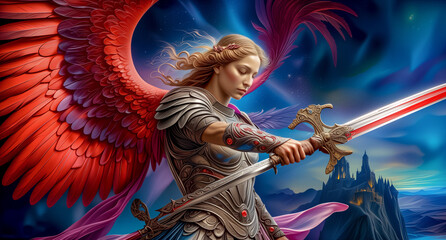 knight warrior angel with massive wings, medieval sword and with castle on background. fantasy background. heroic fantasy art