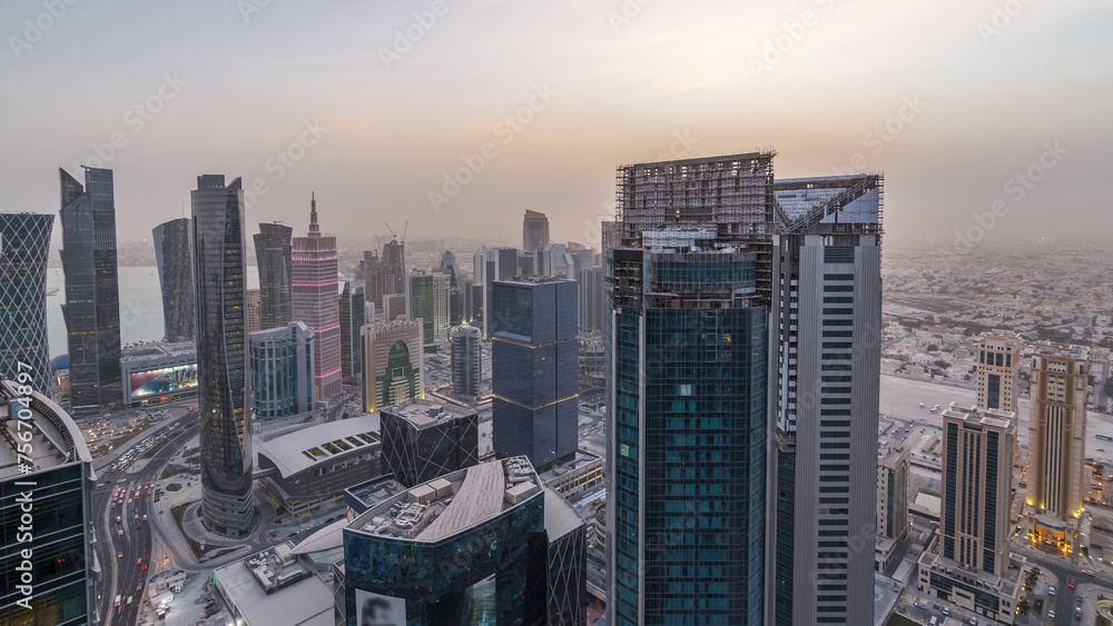 Poster the skyline of the west bay area from top in doha day to night timelapse, qatar.