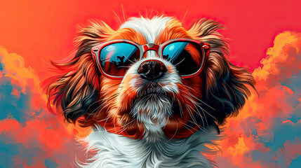 Cartoon colorful dog with sunglasses on red background, a vibrant illustration that brings a touch of humor - obrazy, fototapety, plakaty