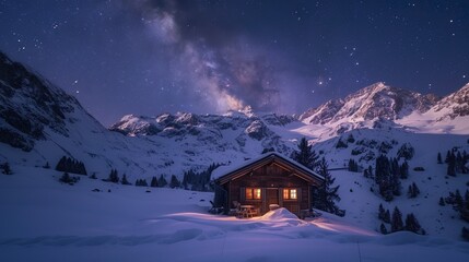 Glowing window in a wooden cabin at a snowy hill under the milky way. Finland - Powered by Adobe
