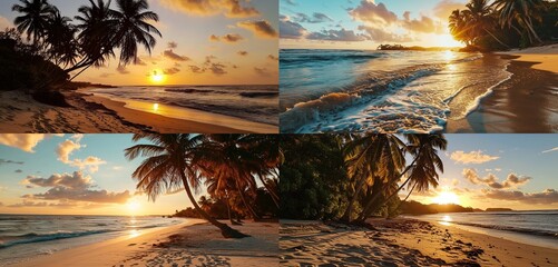 A serene beach at dusk, with the sun setting over the ocean, casting a golden glow on the sand and palm trees swaying in the evening breeze.