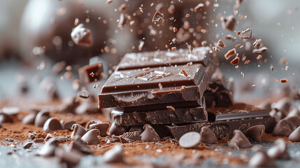 A closeup of chocolate bars and cocoa powder scattered on a table, with flying pieces of broken milk or dark chocolates in the air