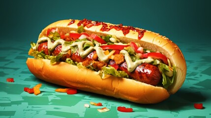 A tasty hot dog topped with ketchup, mustard, and lettuce