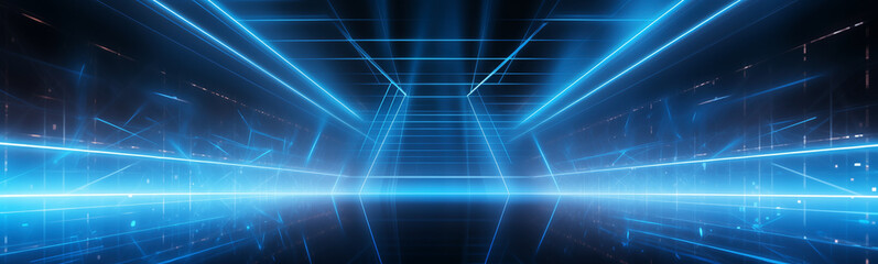 Fototapeta na wymiar Futuristic neon blue corridor for high-tech sci-fi banner background design