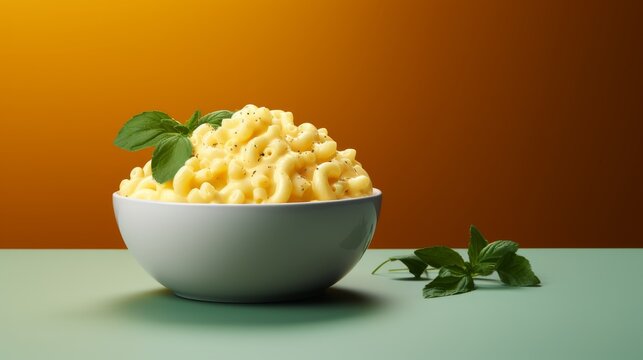 A white bowl overflows with creamy macaroni and cheese, tempting the taste buds with its rich and savory goodness