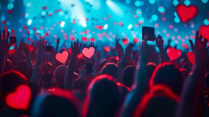 A crowded concert hall with scene stage lights love hearts, rock show performance, with people...