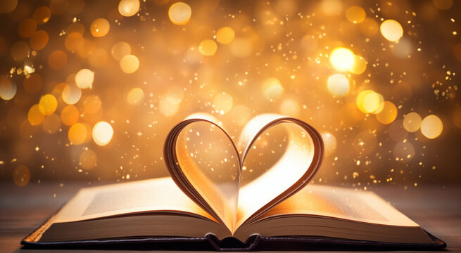 Book with pages folded into a heart against a sparkling bokeh background. Love for  literature and reading concept. Image for World Book Day event with copy space.  